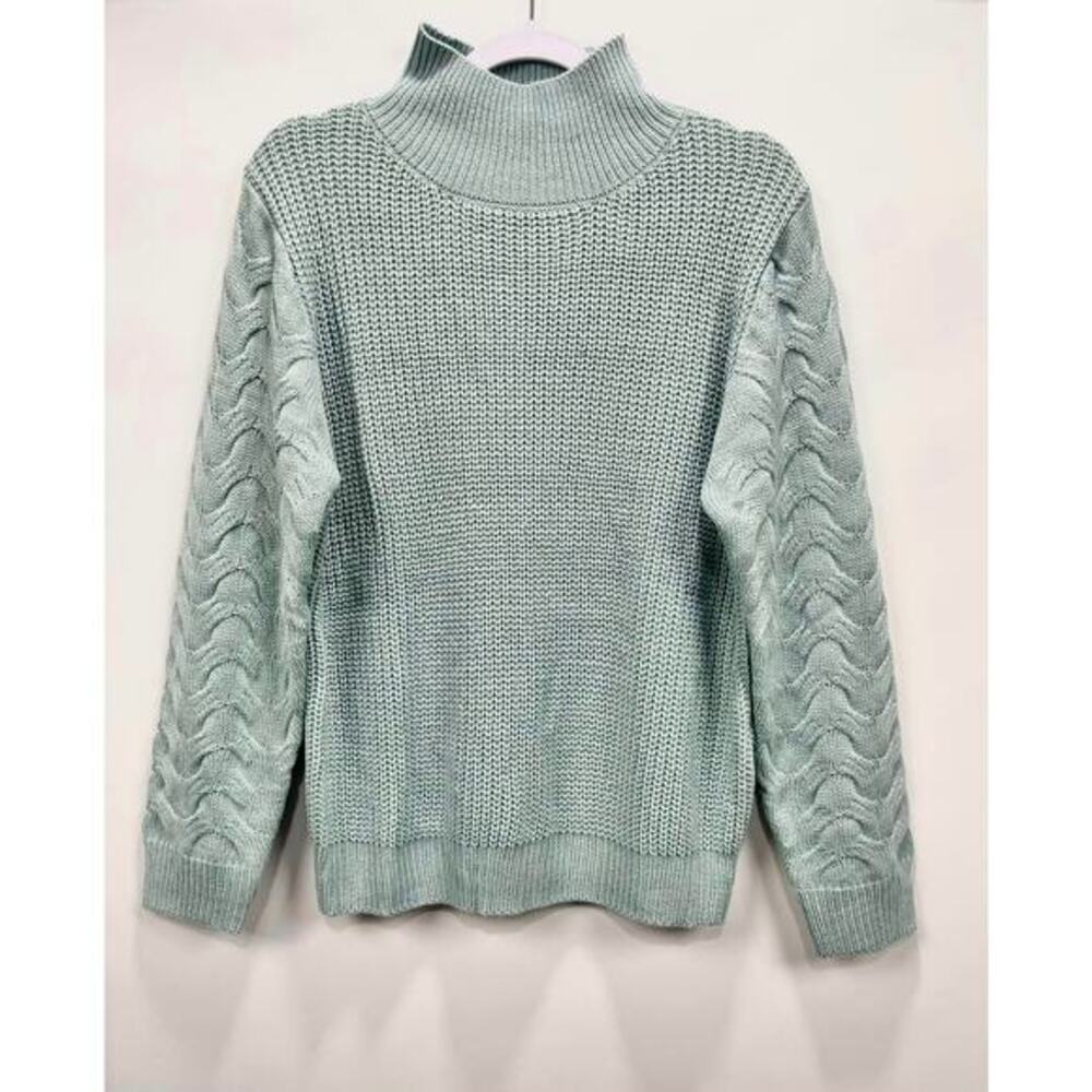 Molly‎ Bracken Cable Knit Sweater Womens Large Ice Blue Mock Neck Chunky NWT